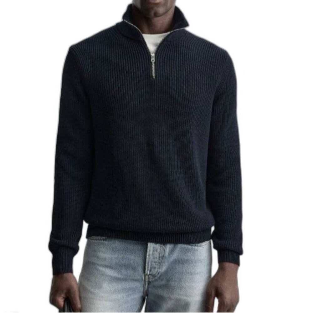 Zara Heavyweight Rib Knit Quarter Zip Sweater Navy Blue Mock Neck Cotton M EUC